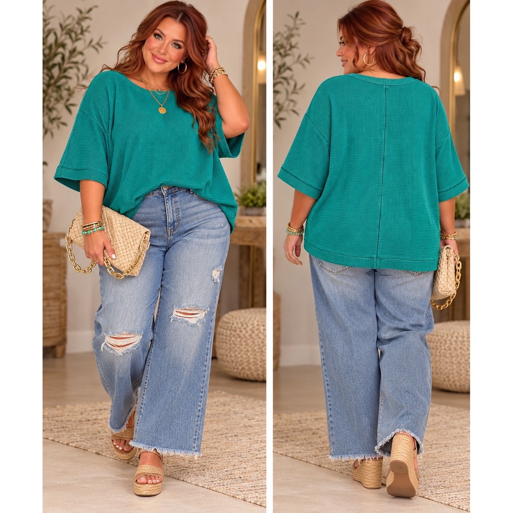 Zenana NWT Emerald Escape Teal Waffle Knit Relaxed Short Sleeve Top - 3X